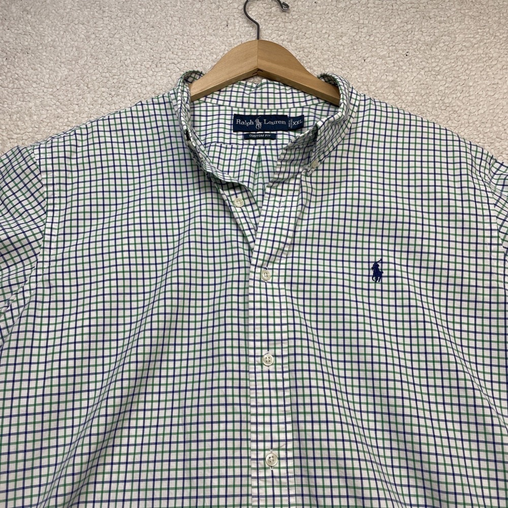 Ralph Lauren Button Down Mens XXL Green Blue Plaid Custom Fit Short Sleeve Shirt